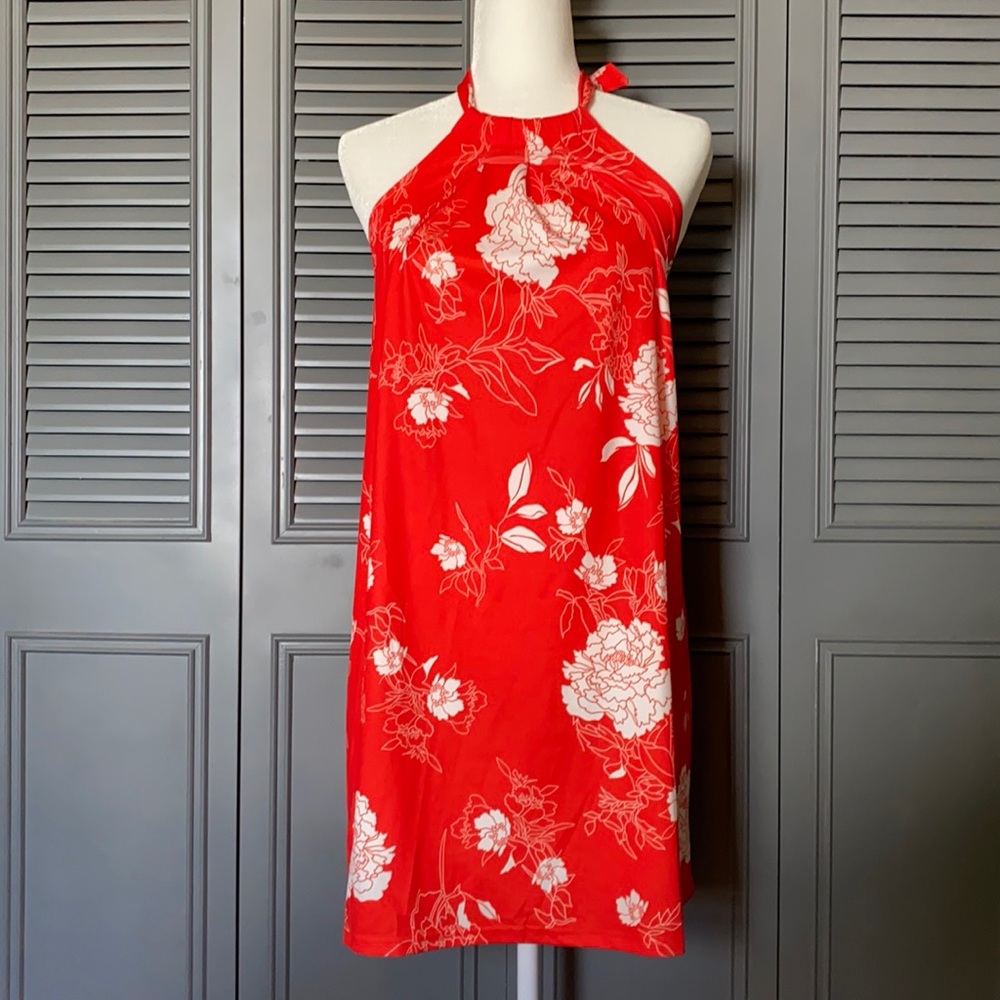 Red and White Floral Halter Dress - Medium - Picture 1 of 7